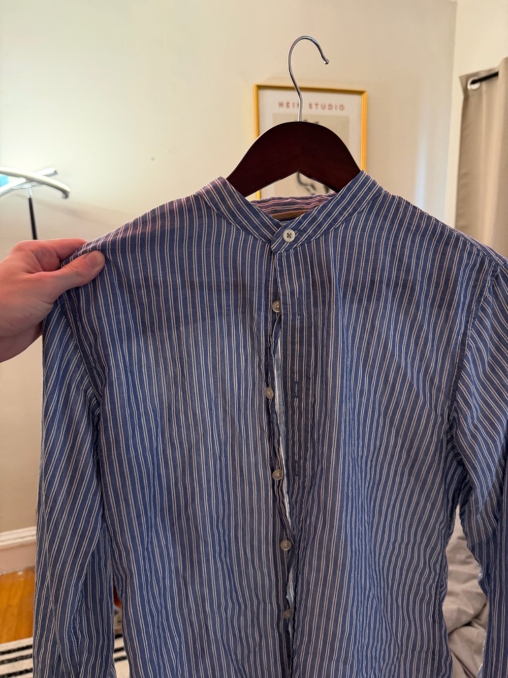 Men's Blue & White Striped Button-Up Shirt banded collar linen Banana Republic